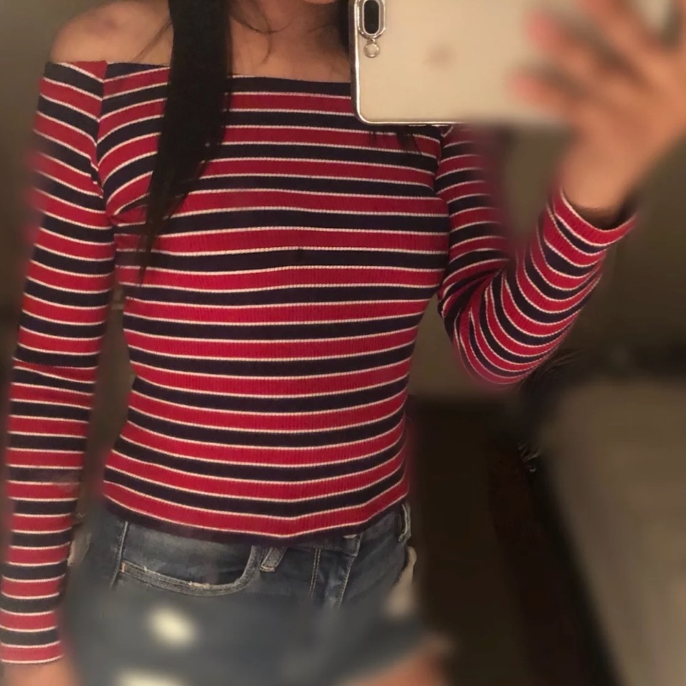 Red And Blue Stripped Off The Shoulder